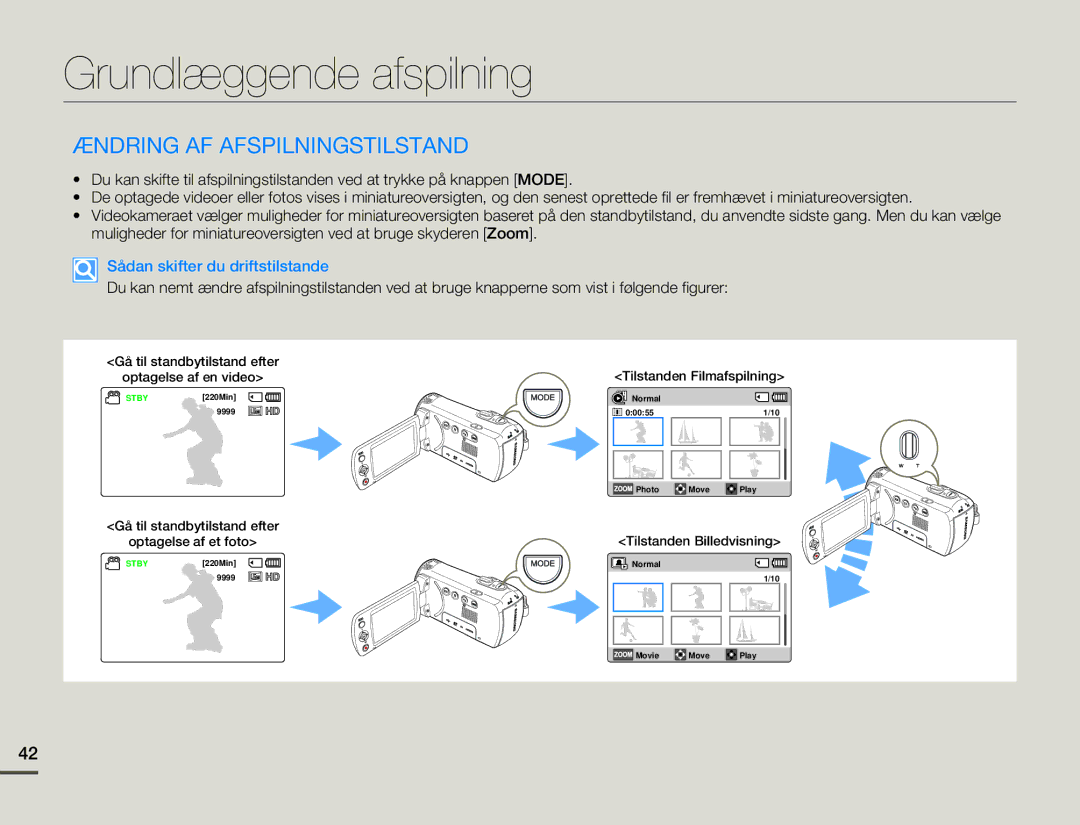 Samsung HMX-F80BP/EDC manual Grundlæggende afspilning, Ændring AF Afspilningstilstand, Sådan skifter du driftstilstande 