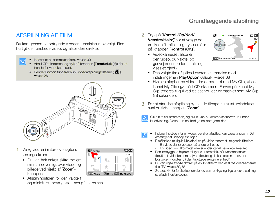 Samsung HMX-F80BP/EDC manual Grundlæggende afspilning, Afspilning AF Film, Vælg videominiatureoversigtens, Visningsskærm 