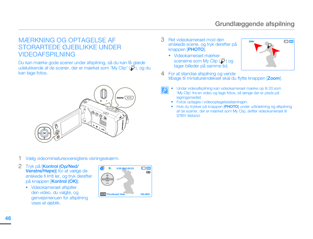 Samsung HMX-F80BP/EDC manual Venstre/Højre for at vælge de, Videokameraet afspiller, Den video, du valgte, og 