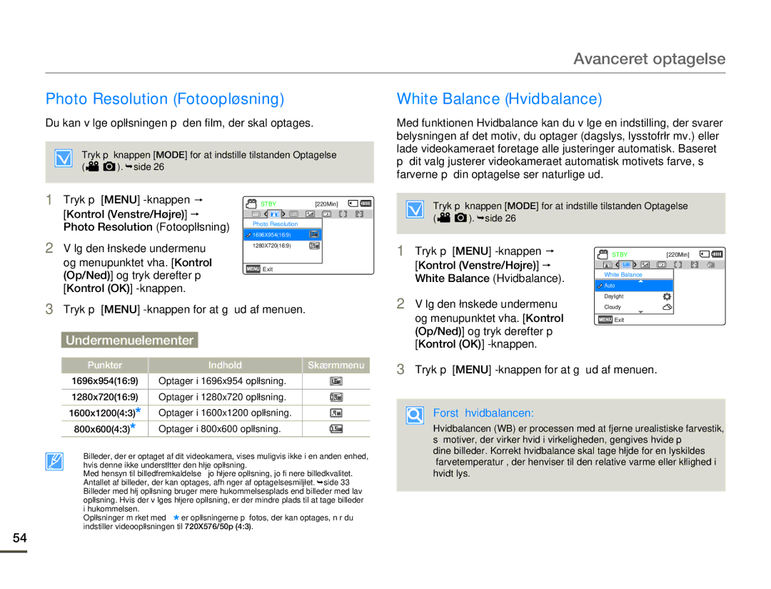 Samsung HMX-F80BP/EDC manual Photo Resolution Fotoopløsning, White Balance Hvidbalance, Forstå hvidbalancen 