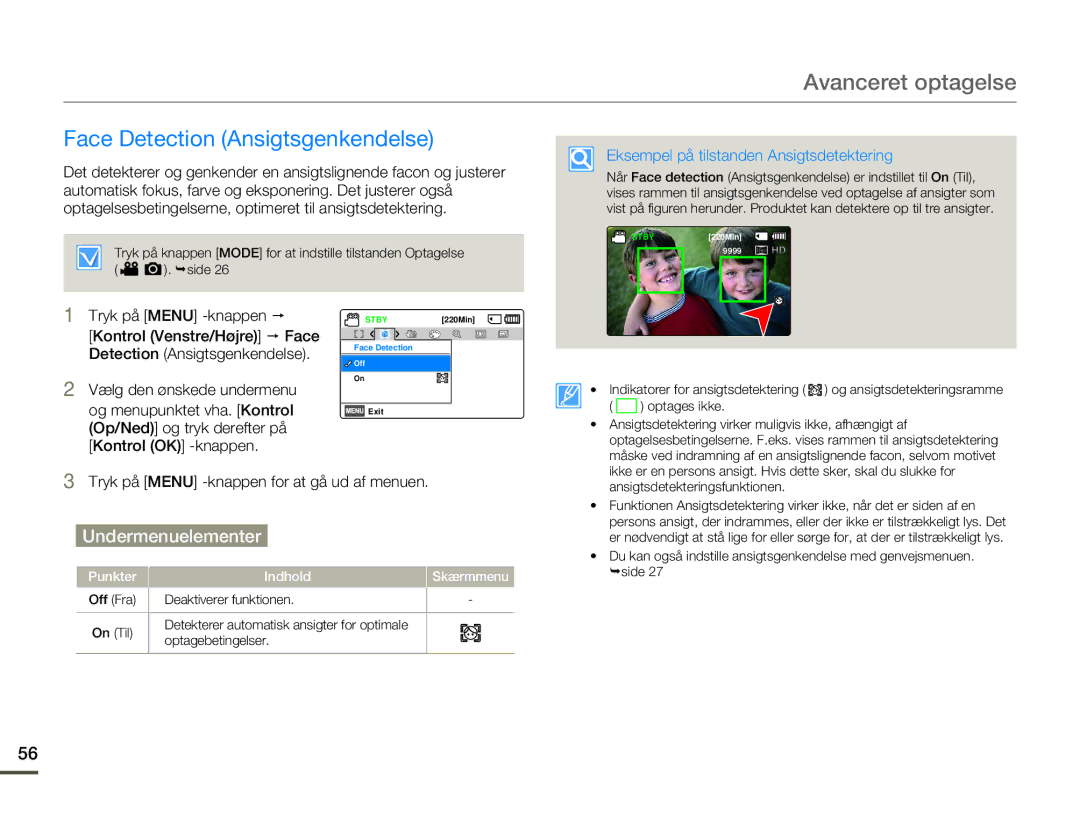 Samsung HMX-F80BP/EDC manual Face Detection Ansigtsgenkendelse, Eksempel på tilstanden Ansigtsdetektering 