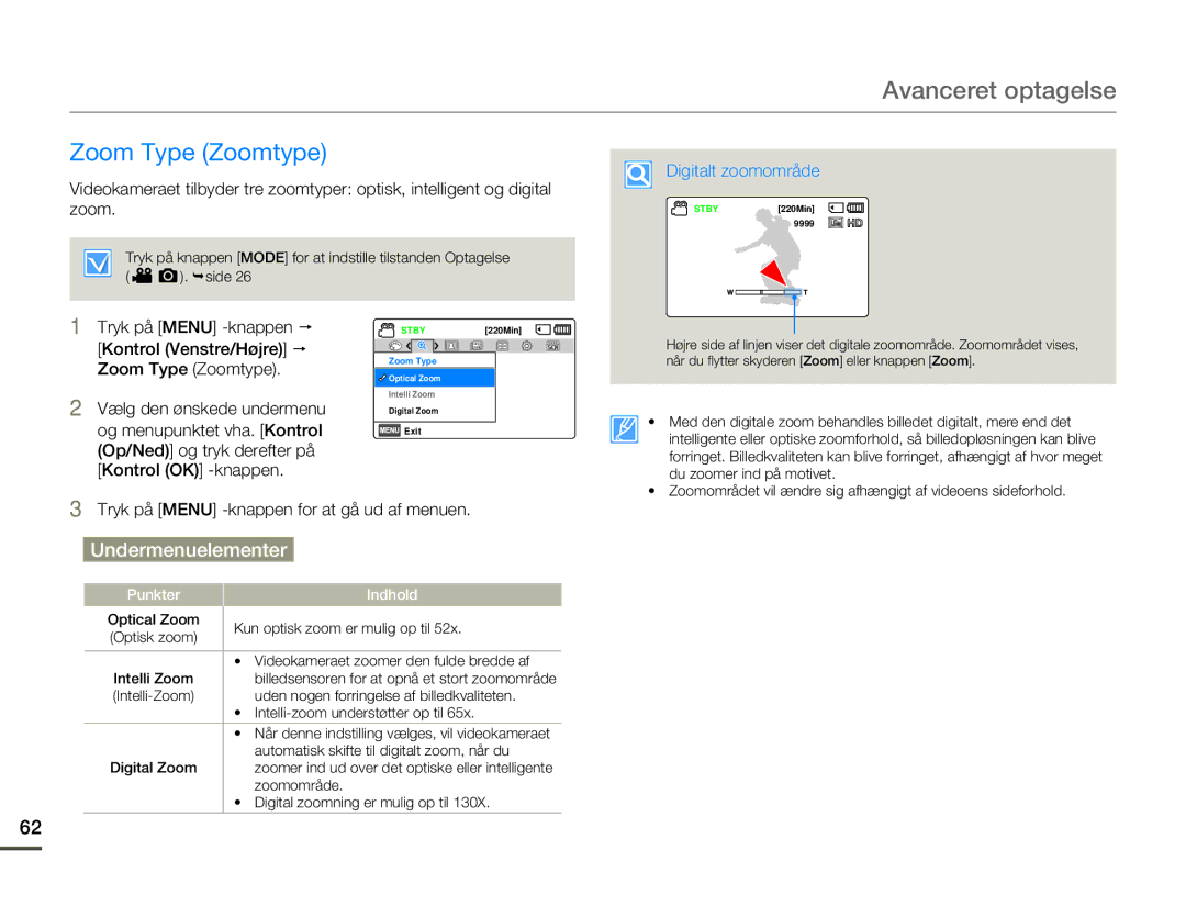 Samsung HMX-F80BP/EDC manual Zoom Type Zoomtype, Digitalt zoomområde 