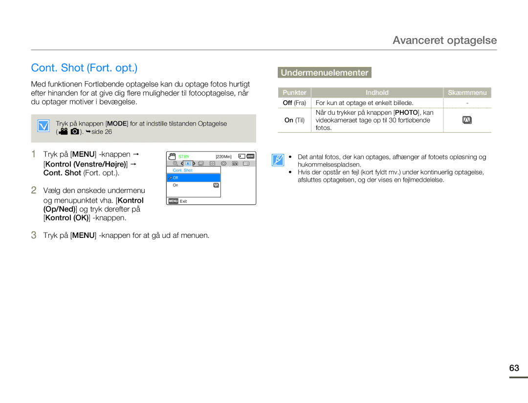 Samsung HMX-F80BP/EDC manual Cont. Shot Fort. opt 