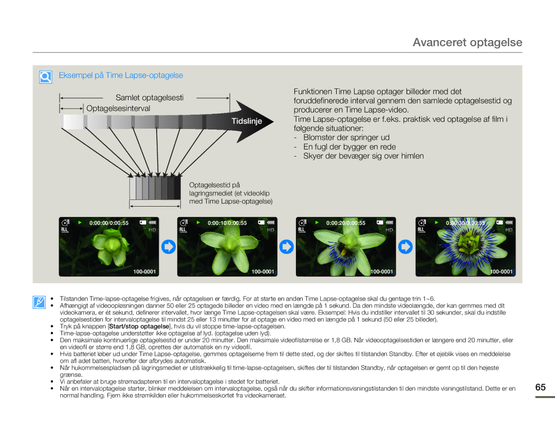Samsung HMX-F80BP/EDC manual Eksempel på Time Lapse-optagelse, Samlet optagelsesti Optagelsesinterval 