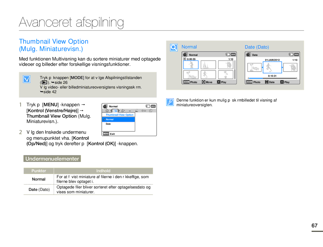 Samsung HMX-F80BP/EDC manual Avanceret afspilning, Thumbnail View Option Mulg. Miniaturevisn 