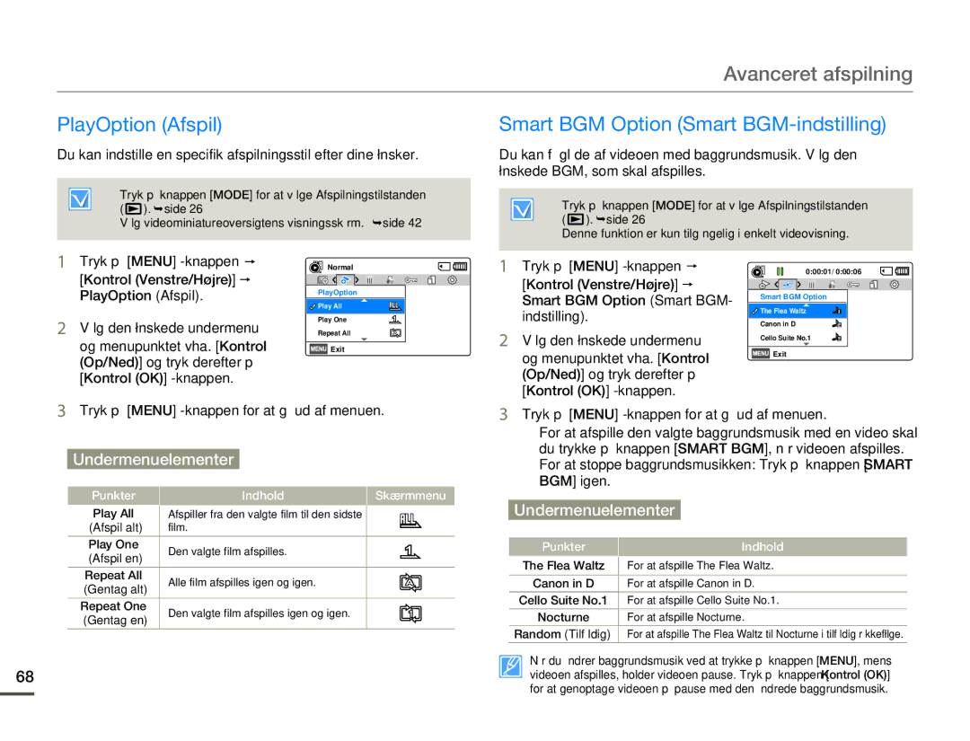 Samsung HMX-F80BP/EDC manual Avanceret afspilning, PlayOption Afspil Smart BGM Option Smart BGM-indstilling 