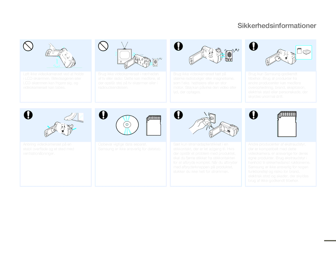 Samsung HMX-F80BP/EDC manual Sikkerhedsinformationer 