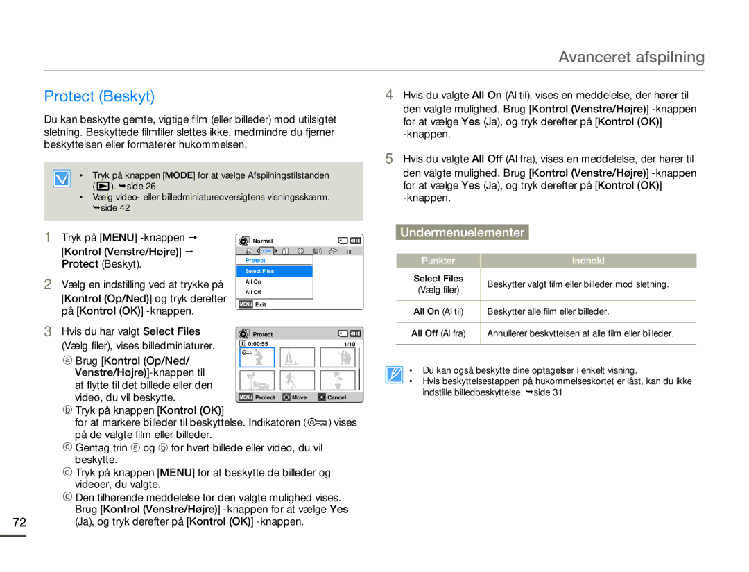 Samsung HMX-F80BP/EDC manual Protect Beskyt, 72 Ja, og tryk derefter på Kontrol OK -knappen 