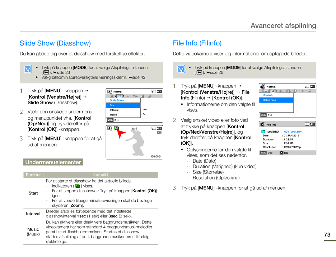 Samsung HMX-F80BP/EDC manual Slide Show Diasshow File Info Filinfo 