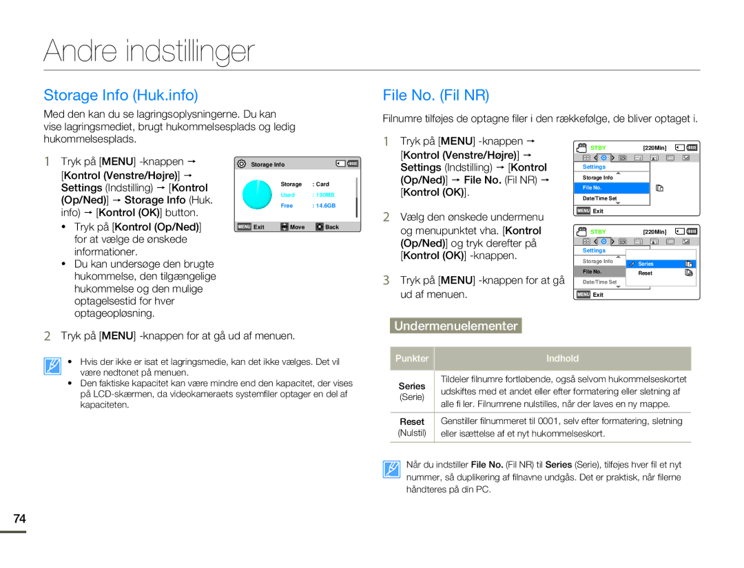 Samsung HMX-F80BP/EDC manual Andre indstillinger, Storage Info Huk.info, File No. Fil NR 