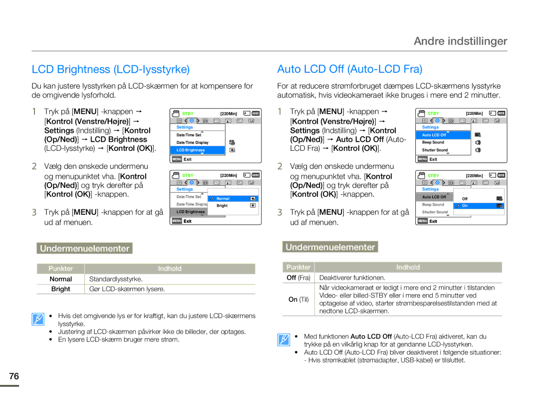 Samsung HMX-F80BP/EDC manual LCD Brightness LCD-lysstyrke, Auto LCD Off Auto-LCD Fra 