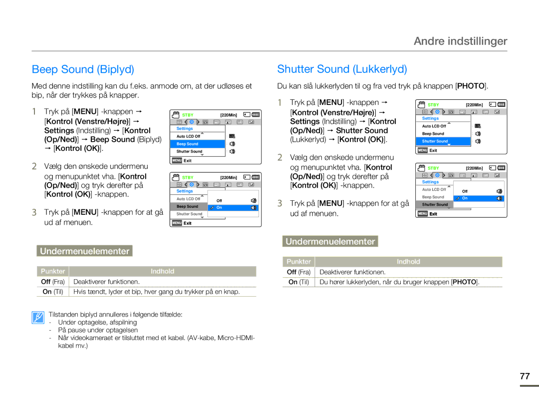 Samsung HMX-F80BP/EDC Beep Sound Biplyd, Settings Indstilling p Kontrol, Op/Ned p Shutter Sound, Lukkerlyd p Kontrol OK 