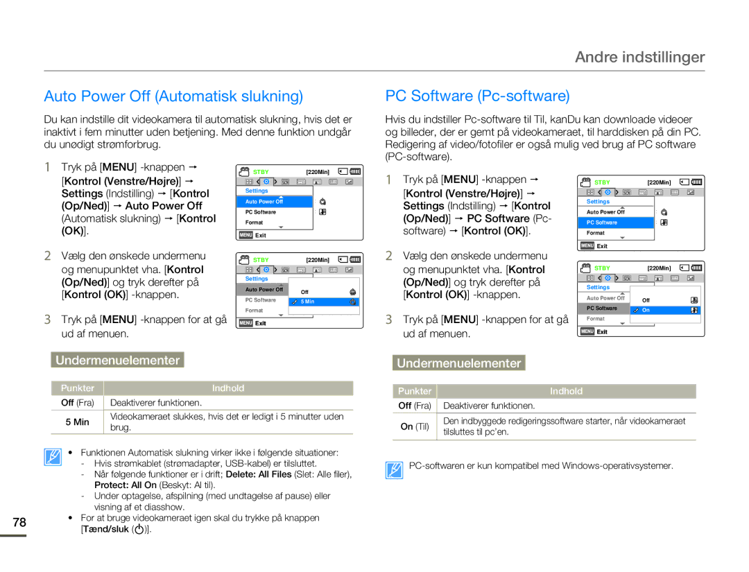 Samsung HMX-F80BP/EDC manual Auto Power Off Automatisk slukning, PC Software Pc-software 