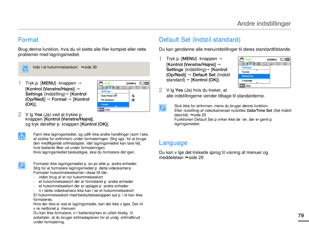 Samsung HMX-F80BP/EDC manual Format Default Set Indstil standard, Language 