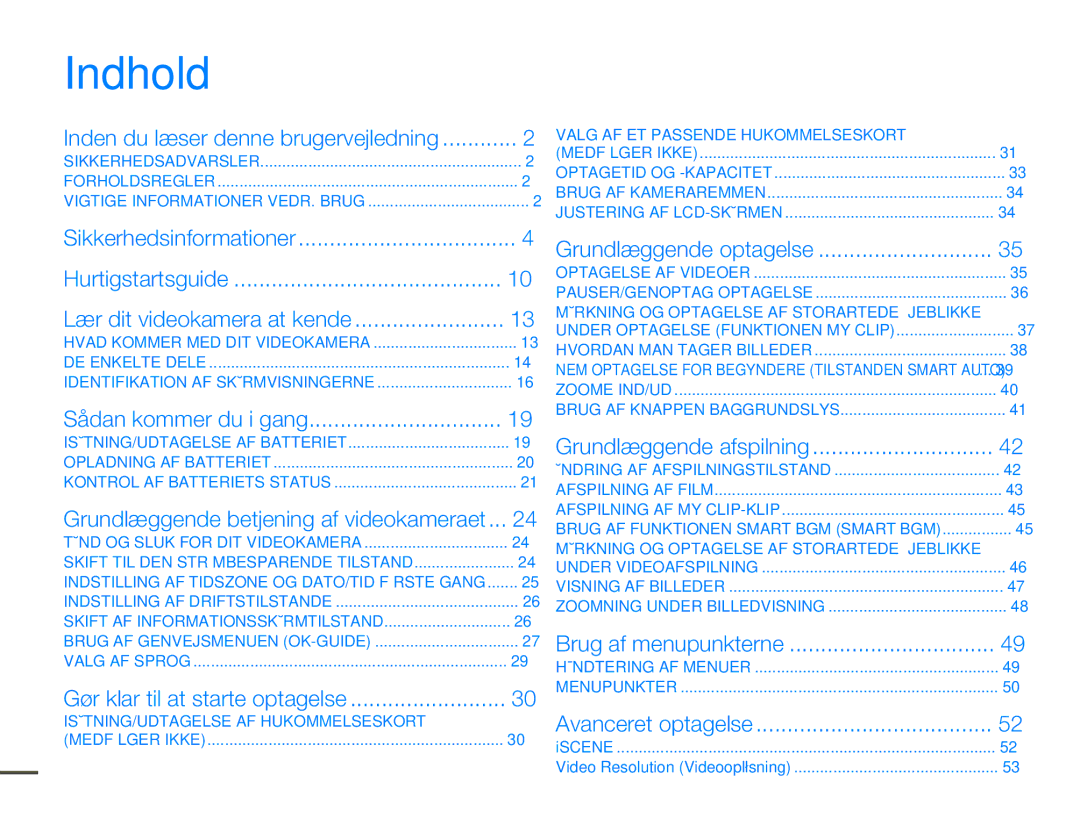 Samsung HMX-F80BP/EDC manual Indhold, Grundlæggende betjening af videokameraet 