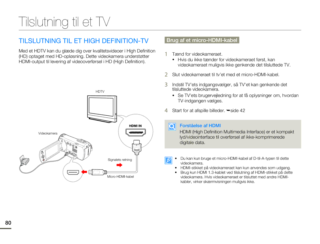 Samsung HMX-F80BP/EDC manual Tilslutning til et TV, Tilslutning TIL ET High DEFINITION-TV, Brug af et micro-HDMI-kabel 