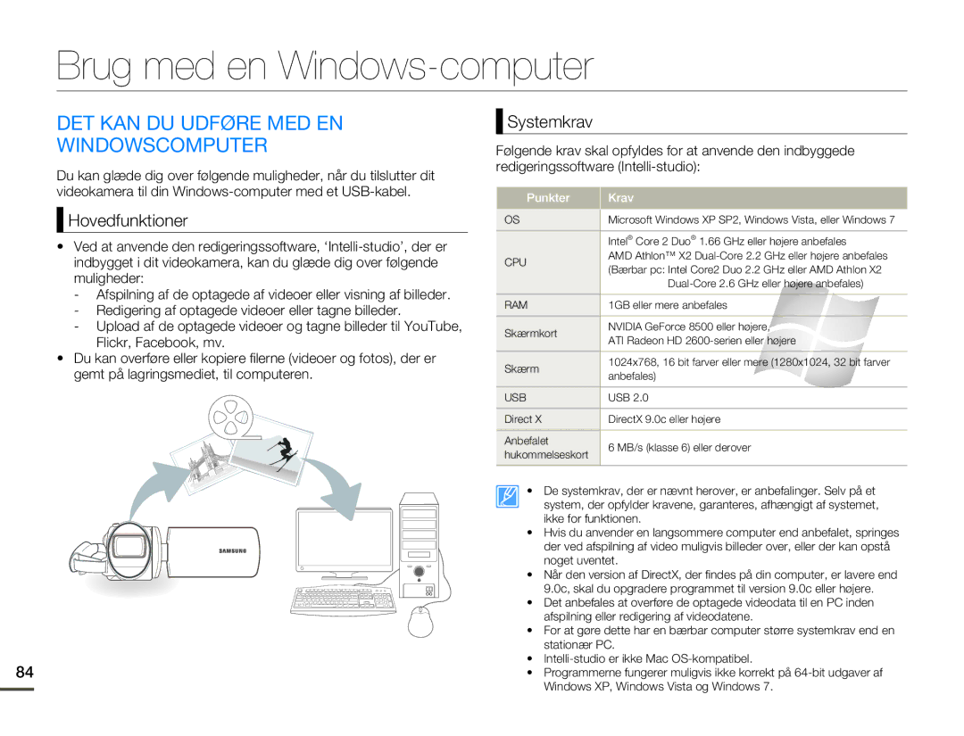 Samsung HMX-F80BP/EDC Brug med en Windows-computer, DET KAN DU Udføre MED EN Windowscomputer, Hovedfunktioner, Systemkrav 