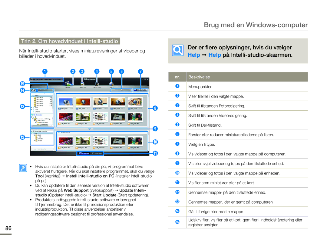 Samsung HMX-F80BP/EDC manual Trin 2. Om hovedvinduet i Intelli-studio, Beskrivelse 