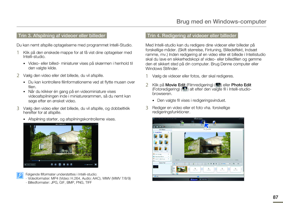 Samsung HMX-F80BP/EDC manual Trin 3. Afspilning af videoer eller billeder, Trin 4. Redigering af videoer eller billeder 