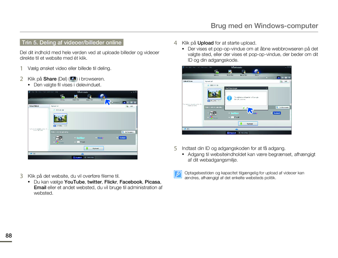 Samsung HMX-F80BP/EDC manual Trin 5. Deling af videoer/billeder online 