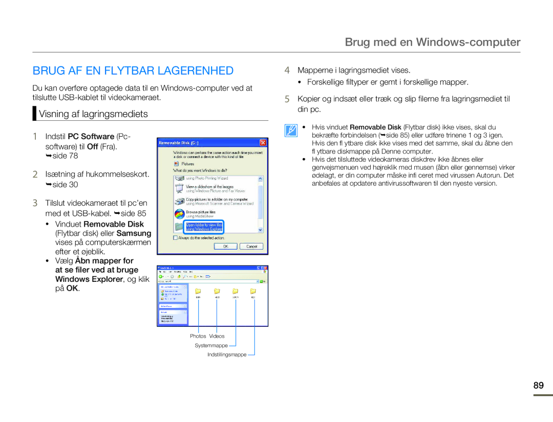 Samsung HMX-F80BP/EDC manual Brug AF EN Flytbar Lagerenhed, Visning af lagringsmediets 