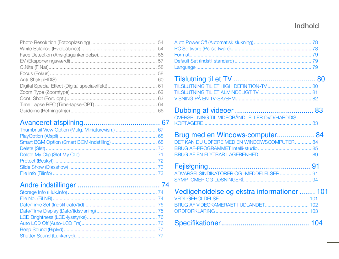 Samsung HMX-F80BP/EDC manual Indhold, 101, 102, 103 