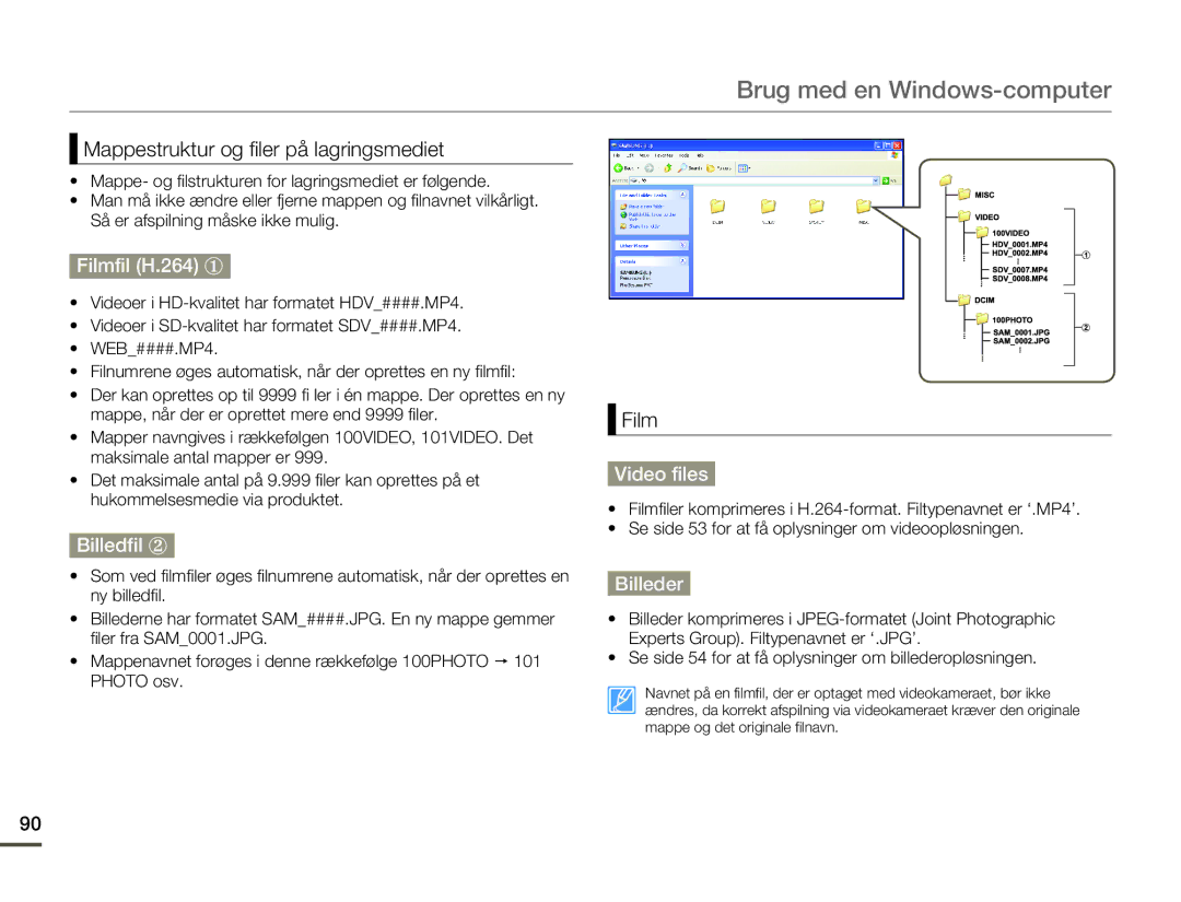 Samsung HMX-F80BP/EDC manual Filmfil H.264 y, Billedfil z, Video files, Billeder 