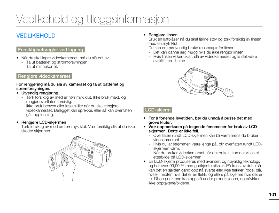 Samsung HMX-F80BP/EDC manual Vedlikehold og tilleggsinformasjon, Forsiktighetsregler ved lagring, Rengjøre videokameraet 