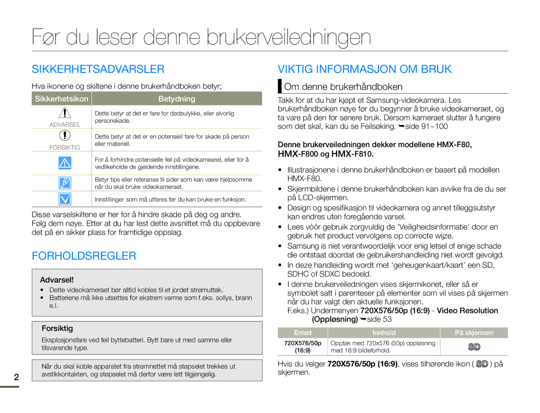 Samsung HMX-F80BP/EDC Før du leser denne brukerveiledningen, Sikkerhetsadvarsler, Forholdsregler, Om denne brukerhåndboken 