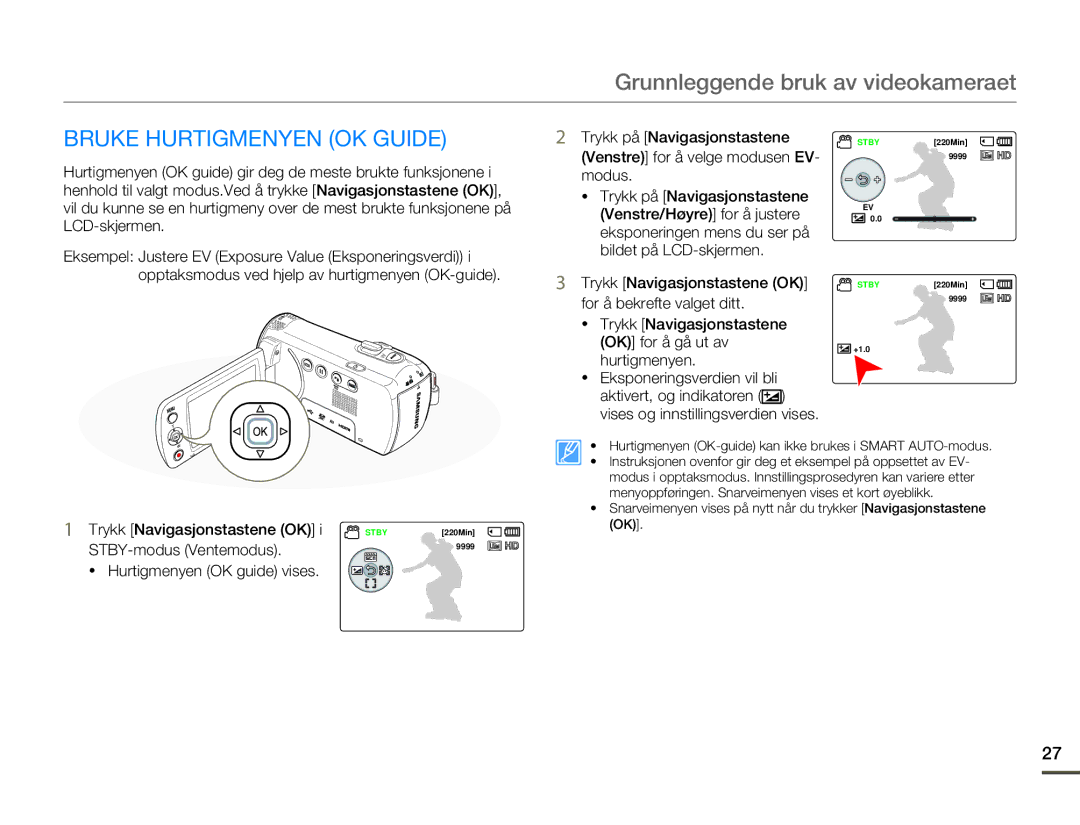 Samsung HMX-F80BP/EDC manual Bruke Hurtigmenyen OK Guide, Hurtigmenyen OK guide vises 