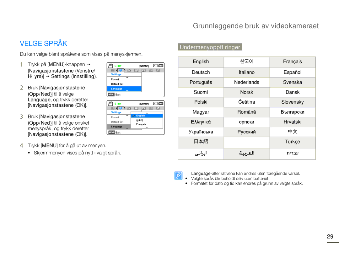 Samsung HMX-F80BP/EDC manual Velge Språk, Undermenyoppføringer 