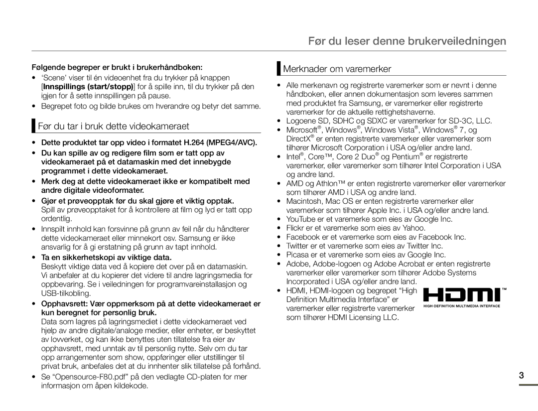 Samsung HMX-F80BP/EDC manual Før du leser denne brukerveiledningen, Før du tar i bruk dette videokameraet 