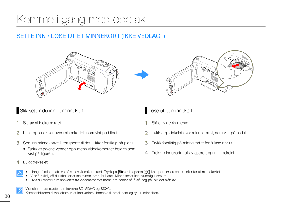 Samsung HMX-F80BP/EDC manual Komme i gang med opptak, Sette INN / Løse UT ET Minnekort Ikke Vedlagt, Løse ut et minnekort 