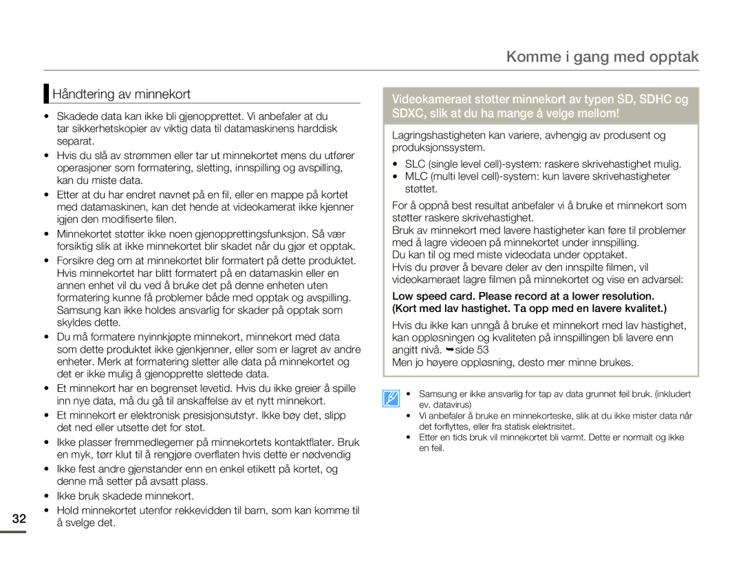 Samsung HMX-F80BP/EDC manual Håndtering av minnekort 