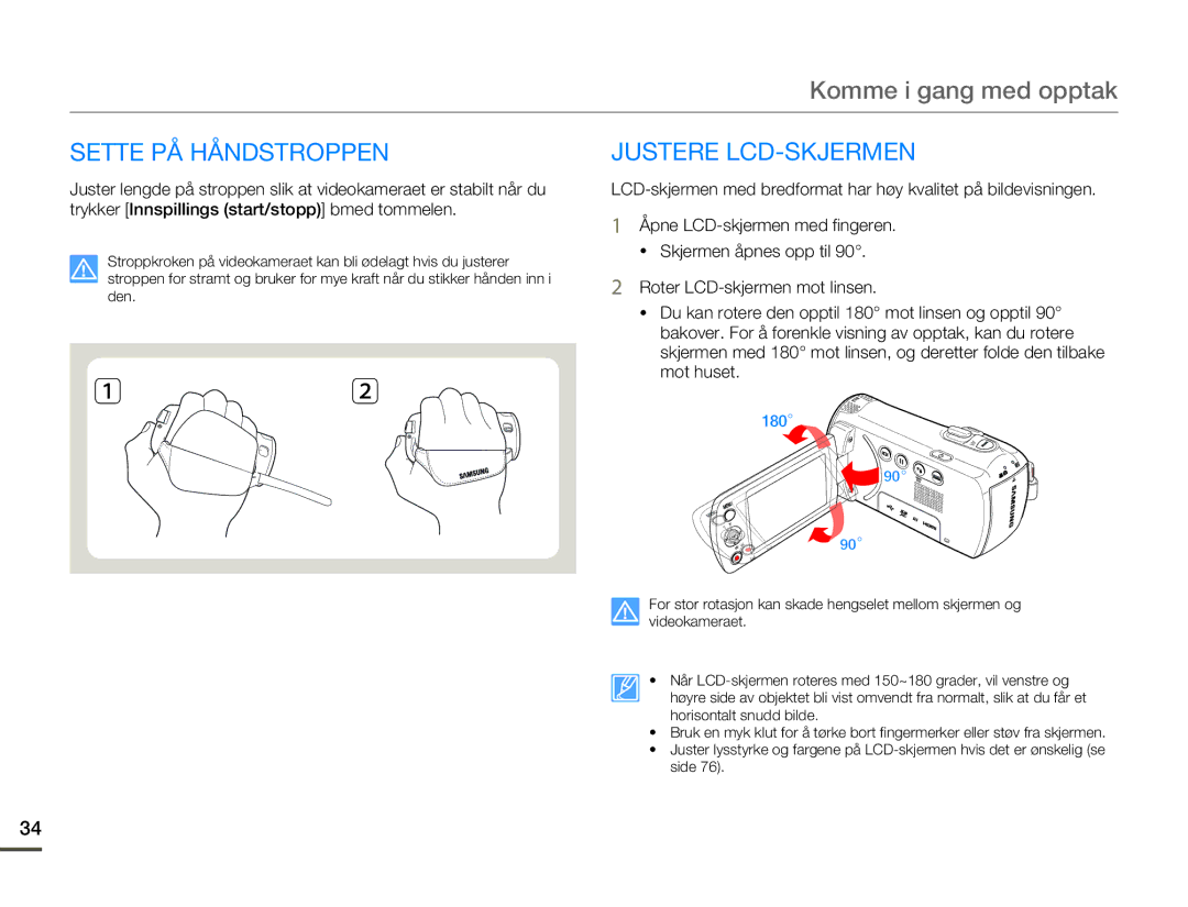 Samsung HMX-F80BP/EDC manual Sette PÅ Håndstroppen, Justere LCD-SKJERMEN 