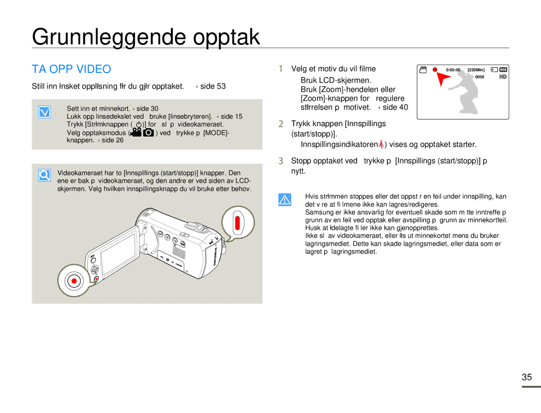 Samsung HMX-F80BP/EDC manual Grunnleggende opptak, TA OPP Video, Still inn ønsket oppløsning før du gjør opptaket. ¬side 