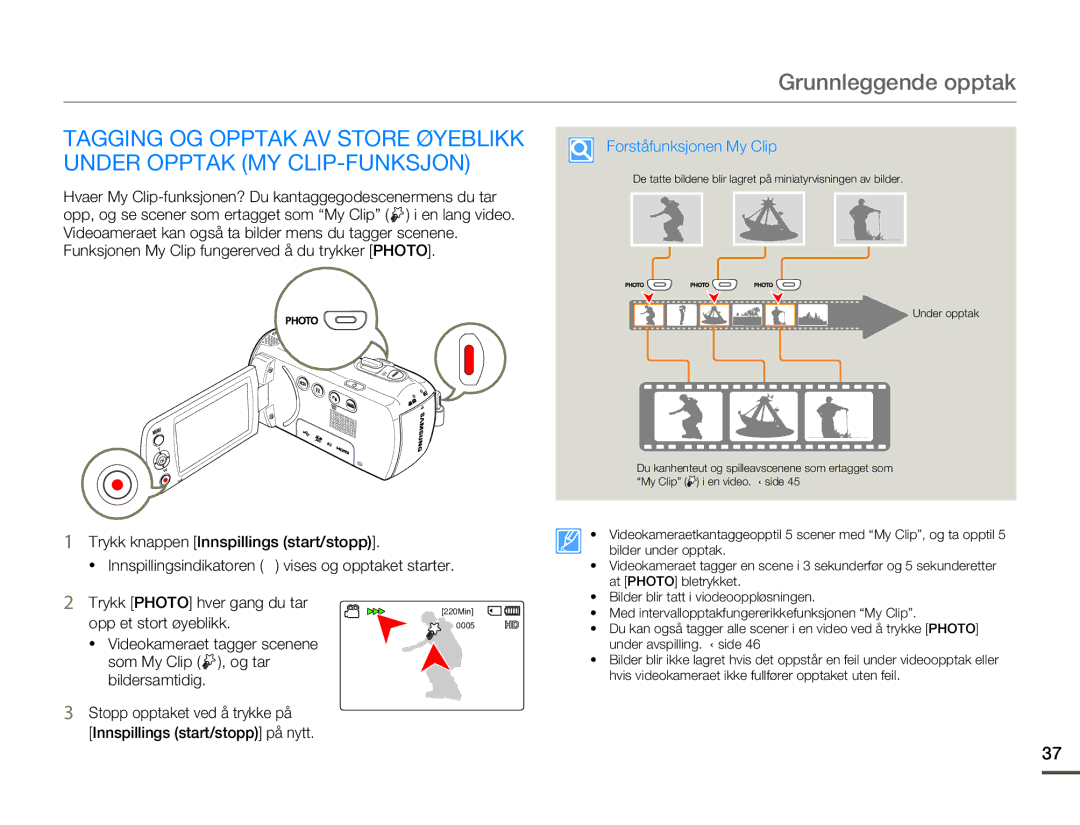 Samsung HMX-F80BP/EDC manual Opp et stort øyeblikk, Forståfunksjonen My Clip 