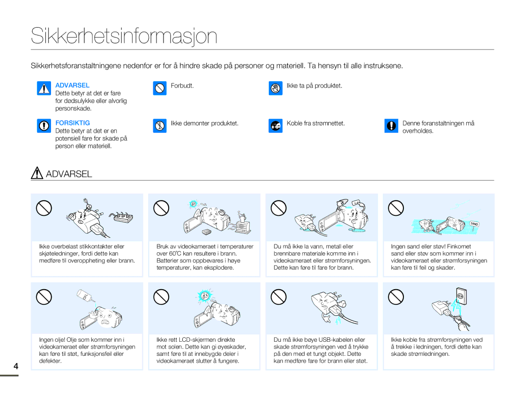 Samsung HMX-F80BP/EDC manual Sikkerhetsinformasjon, Forsiktig 