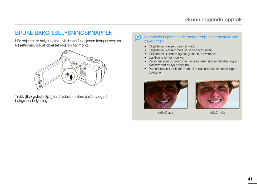 Samsung HMX-F80BP/EDC manual Bruke BAKGR.BELYSNINGSKNAPPEN 