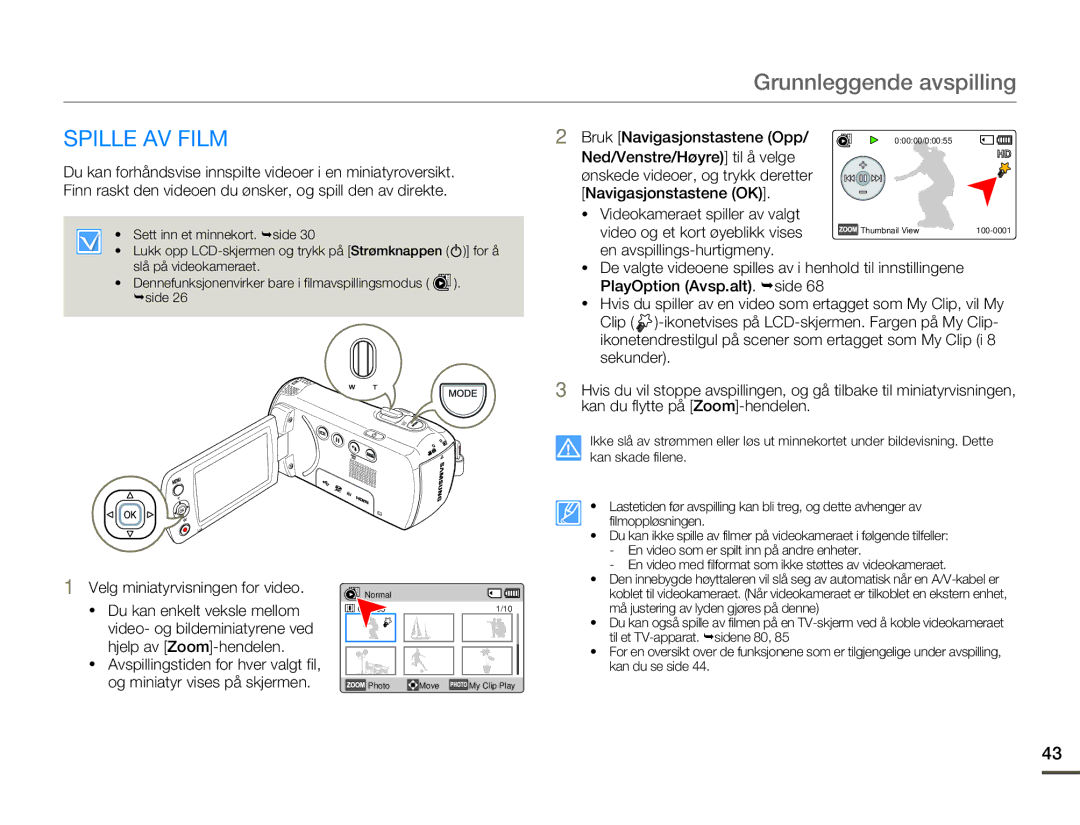 Samsung HMX-F80BP/EDC manual Grunnleggende avspilling, Spille AV Film, Bruk Navigasjonstastene Opp/ 00000/00055 