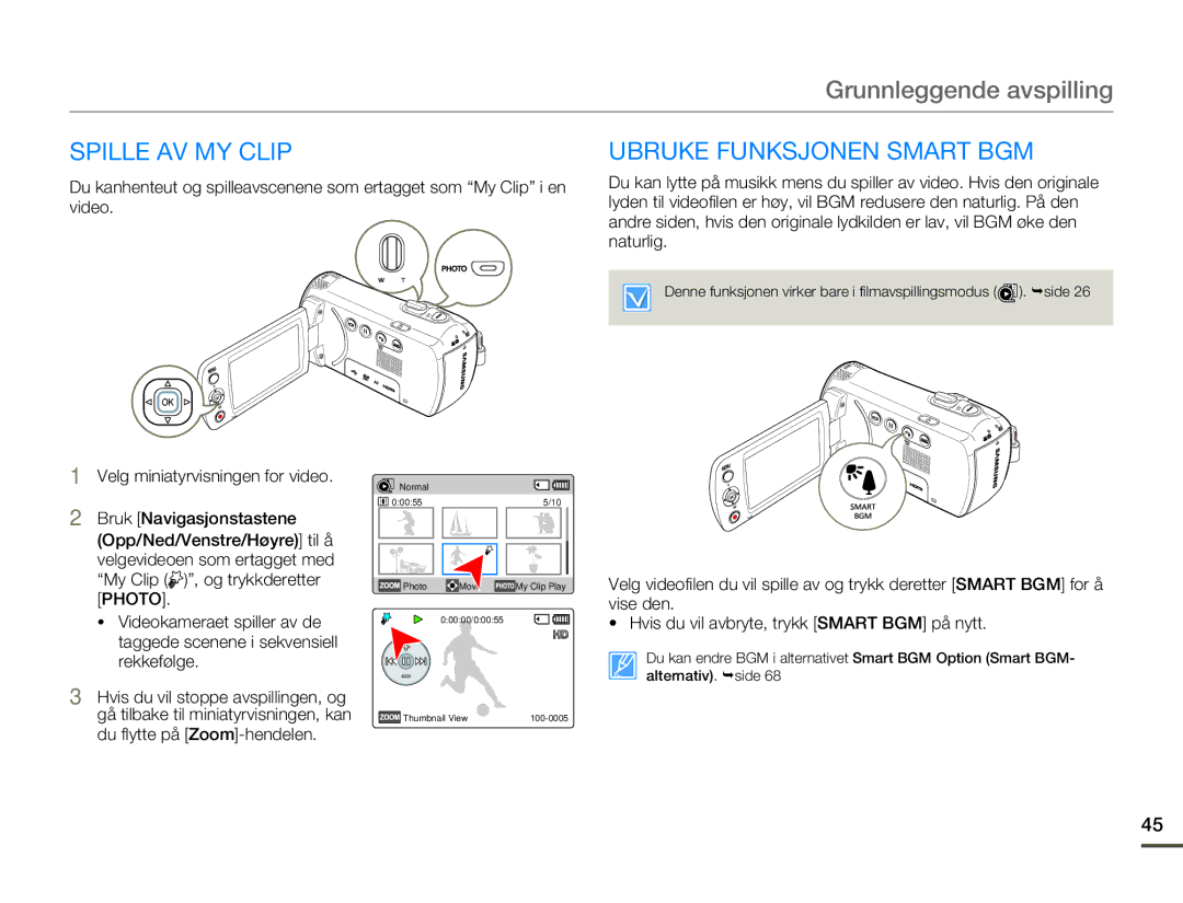 Samsung HMX-F80BP/EDC manual Spille AV MY Clip, Ubruke Funksjonen Smart BGM 