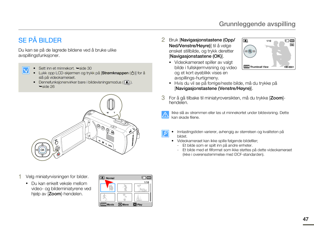 Samsung HMX-F80BP/EDC manual SE PÅ Bilder, Videokameraet spiller av valgt, Velg miniatyrvisningen for bilder 