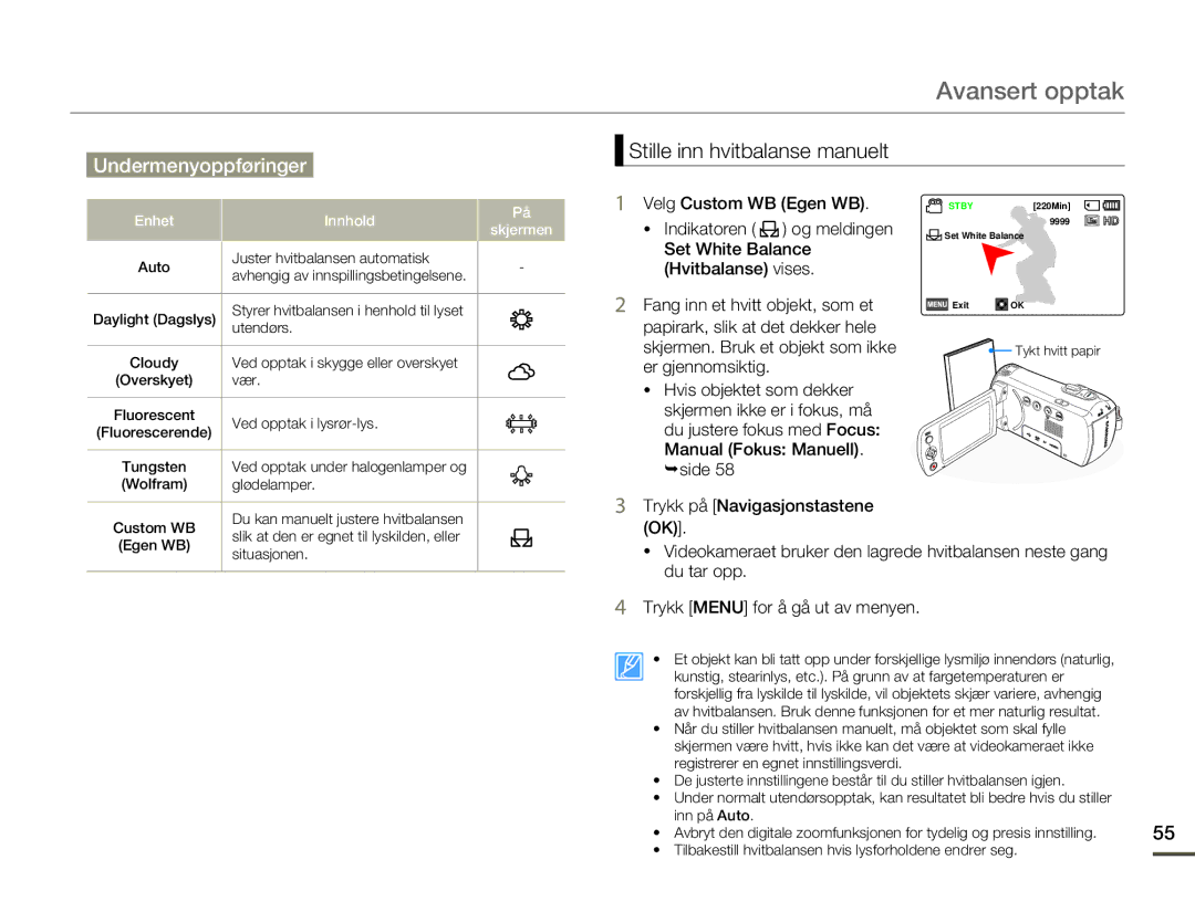 Samsung HMX-F80BP/EDC manual Stille inn hvitbalanse manuelt, Manual Fokus Manuell ¬side 