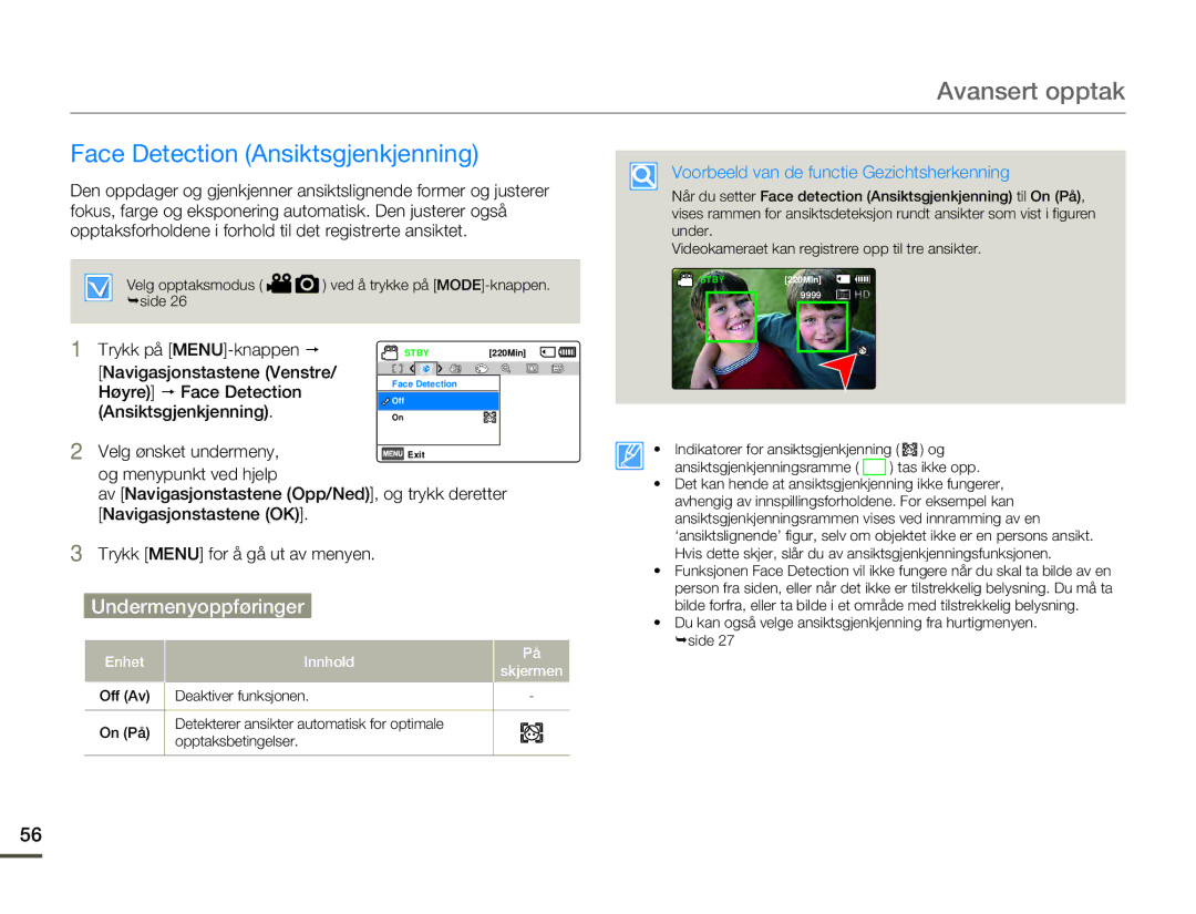 Samsung HMX-F80BP/EDC manual Face Detection Ansiktsgjenkjenning, Høyre p Face Detection 