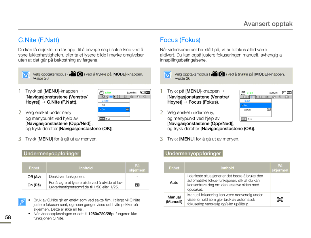 Samsung HMX-F80BP/EDC manual Høyre p C.Nite F.Natt, Velg ønsket undermeny Og menypunkt ved hjelp av 