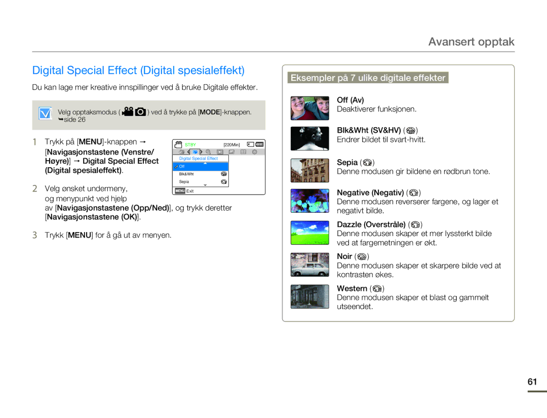 Samsung HMX-F80BP/EDC manual Digital Special Effect Digital spesialeffekt, Eksempler på 7 ulike digitale effekter 