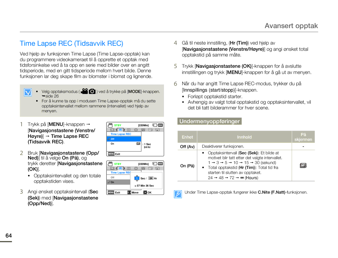 Samsung HMX-F80BP/EDC manual Time Lapse REC Tidsavvik REC 