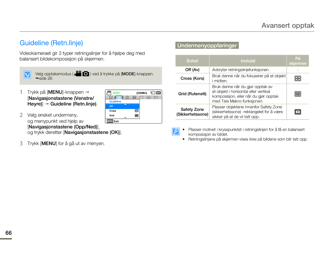 Samsung HMX-F80BP/EDC manual Navigasjonstastene Venstre Høyre p Guideline Retn.linje 