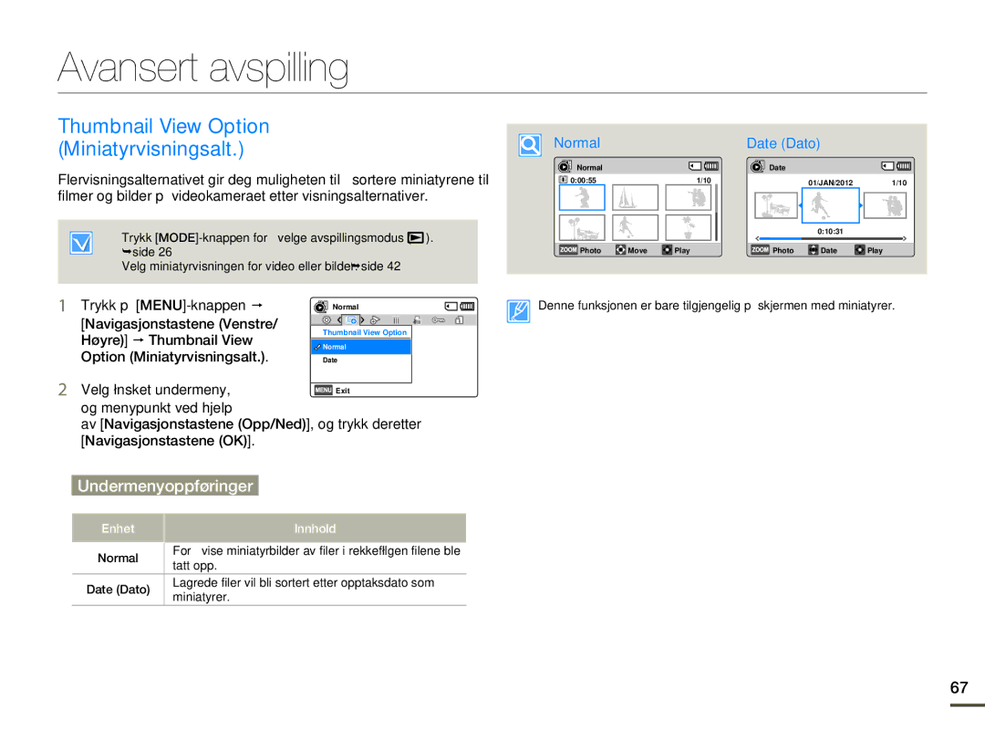 Samsung HMX-F80BP/EDC manual Avansert avspilling, Thumbnail View Option Miniatyrvisningsalt 