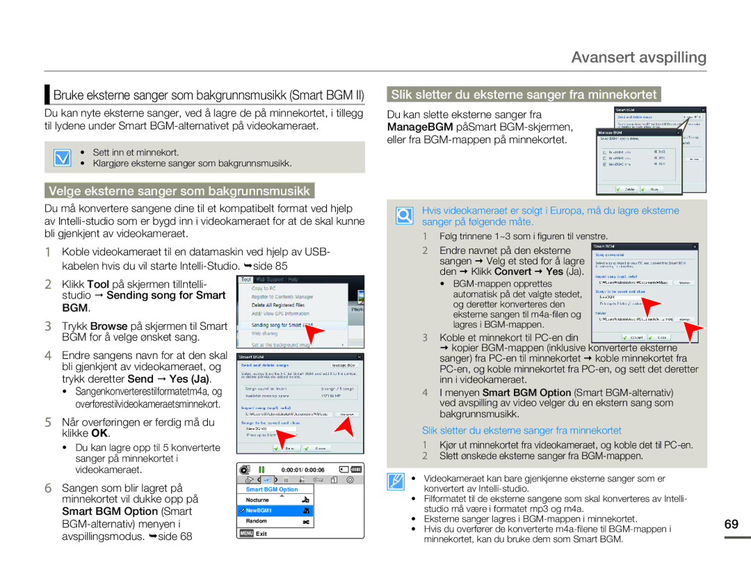 Samsung HMX-F80BP/EDC manual Velge eksterne sanger som bakgrunnsmusikk, Slik sletter du eksterne sanger fra minnekortet 